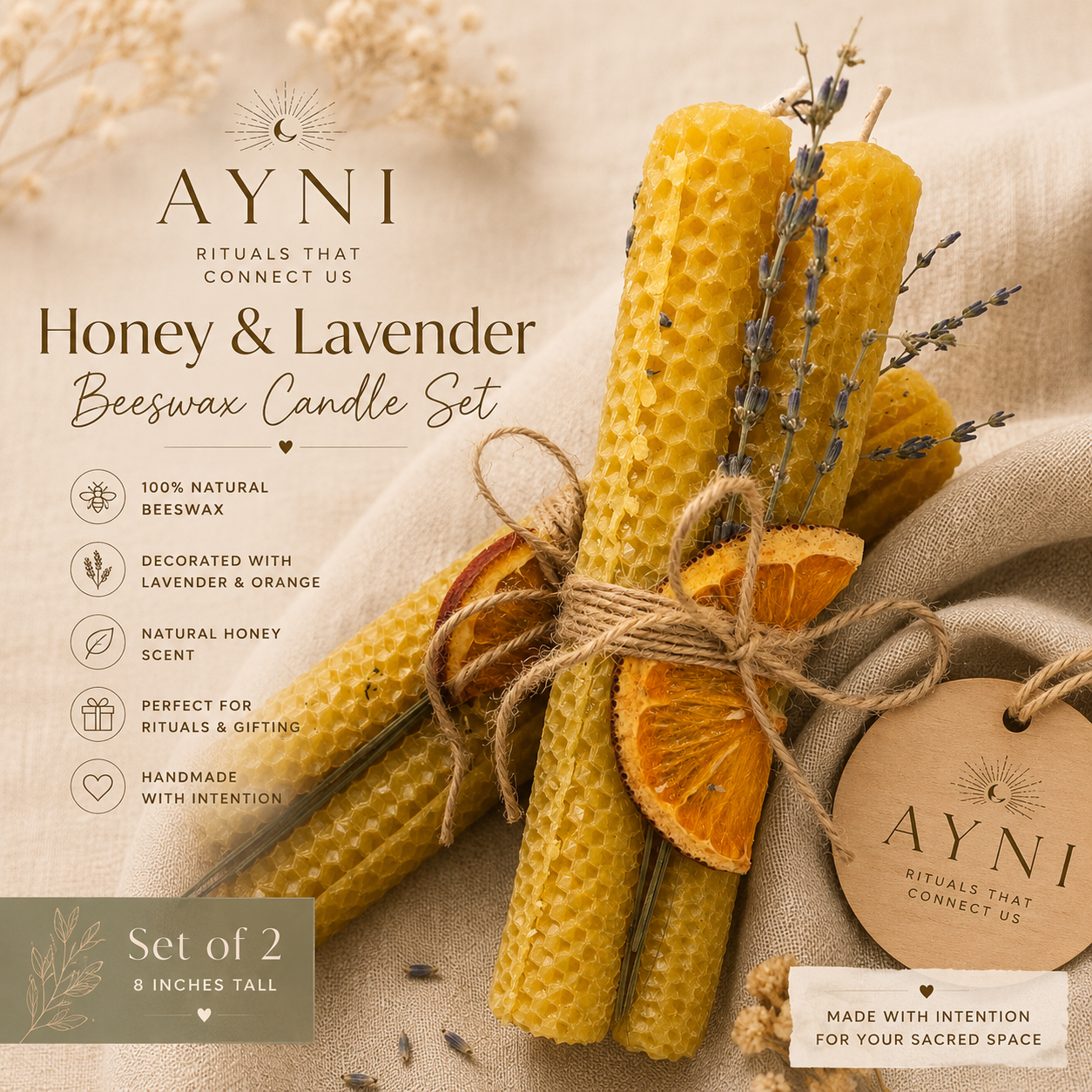 Honey & Lavender Beeswax Candle Set (Set of 2)