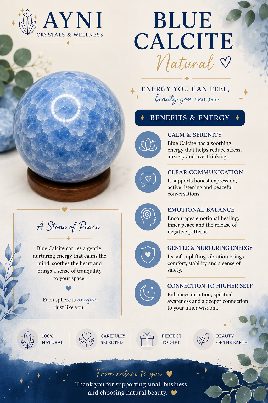Blue Calcite Sphere| Natural Crystal for Calm & Communication
